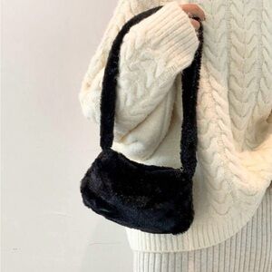 Black Plush Crescent Shoulder Bag